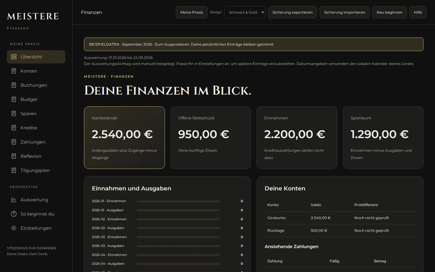 Echte Übersicht der App MEISTERE Finanzen
