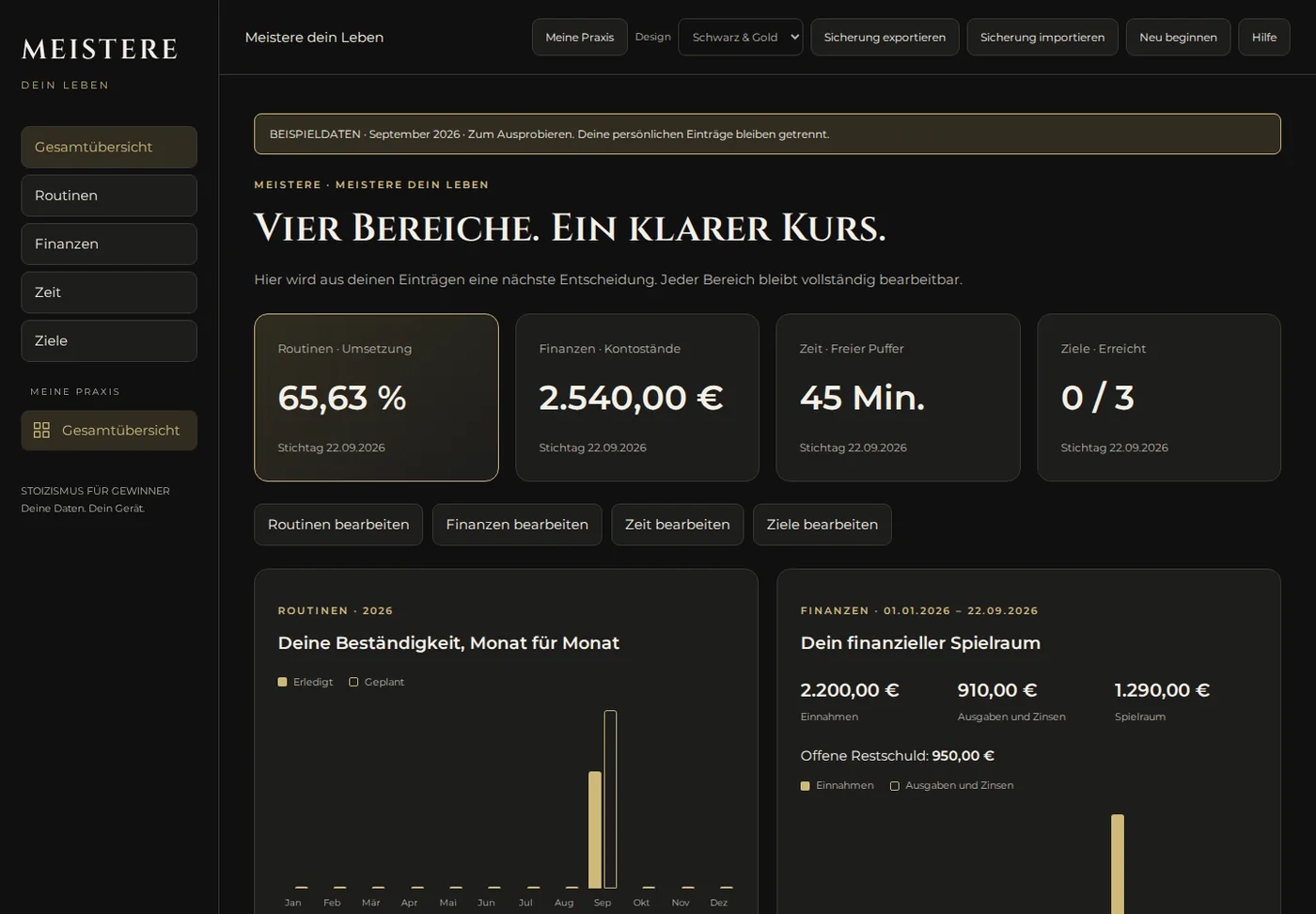 Zentrales Dashboard von MEISTERE dein Leben mit allen vier Bereichen