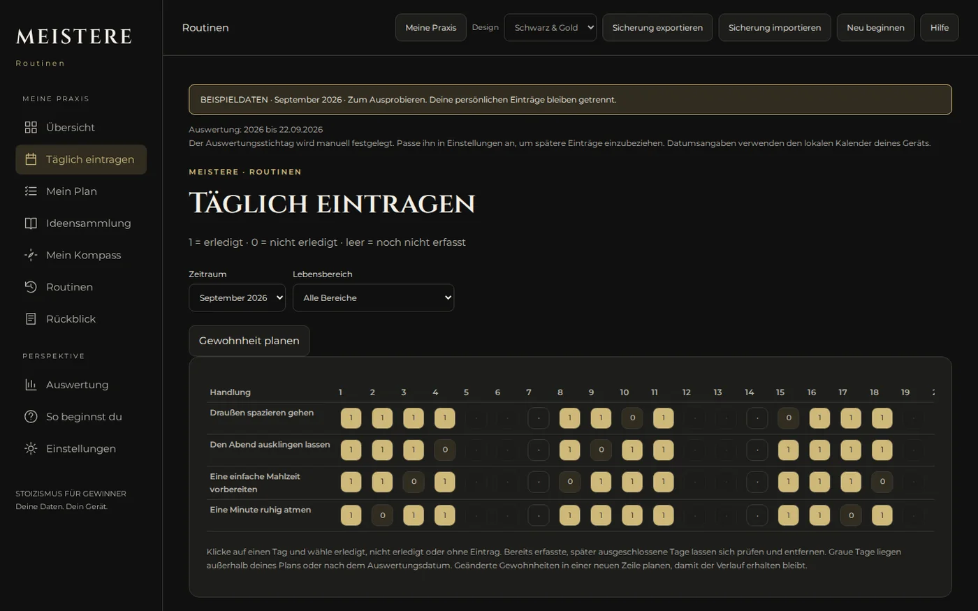 Eintragsansicht der App MEISTERE Routinen