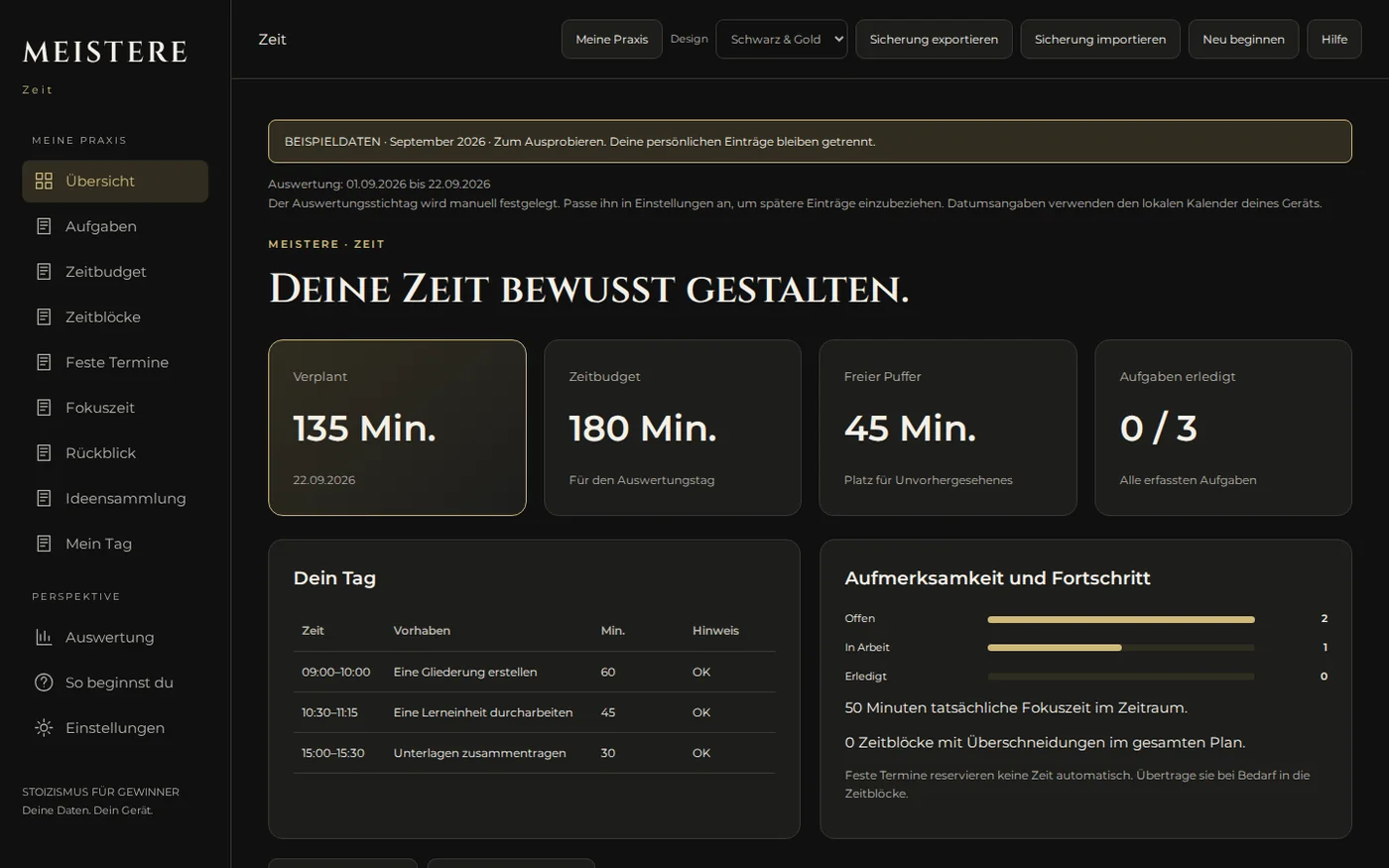 Echte Übersicht der App MEISTERE Zeit
