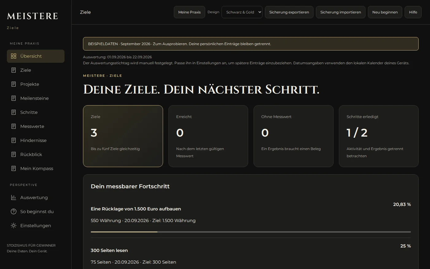 Echte Übersicht der App MEISTERE Ziele