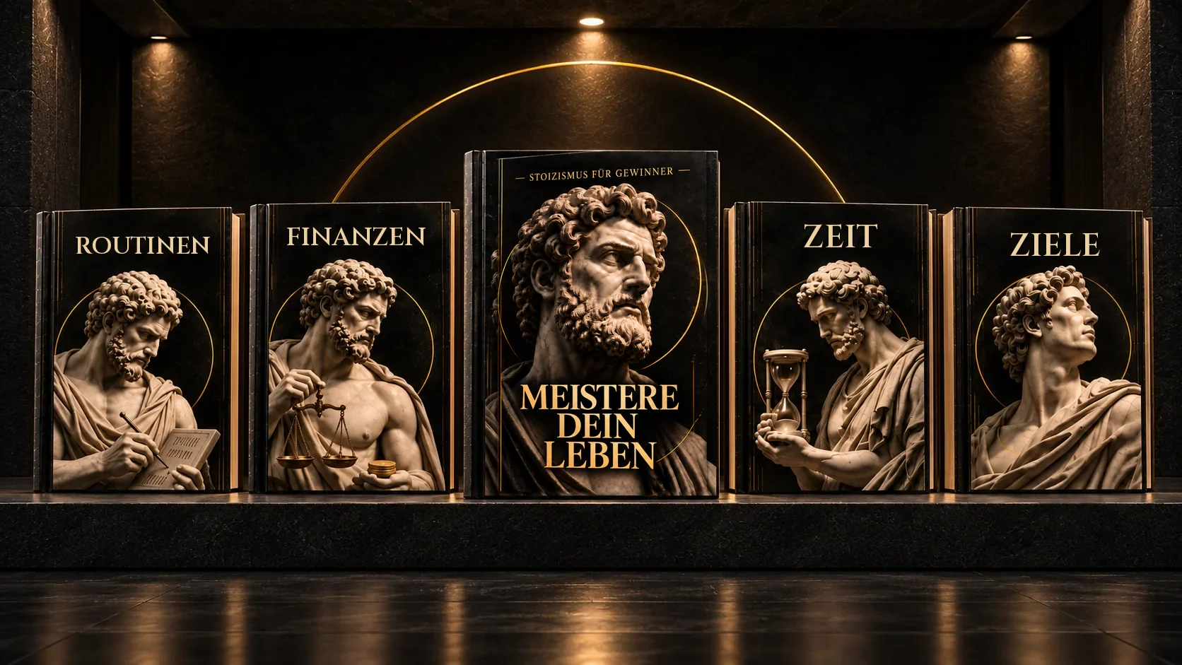 Die fünf MEISTERE-Bände in einer dunklen Galerie